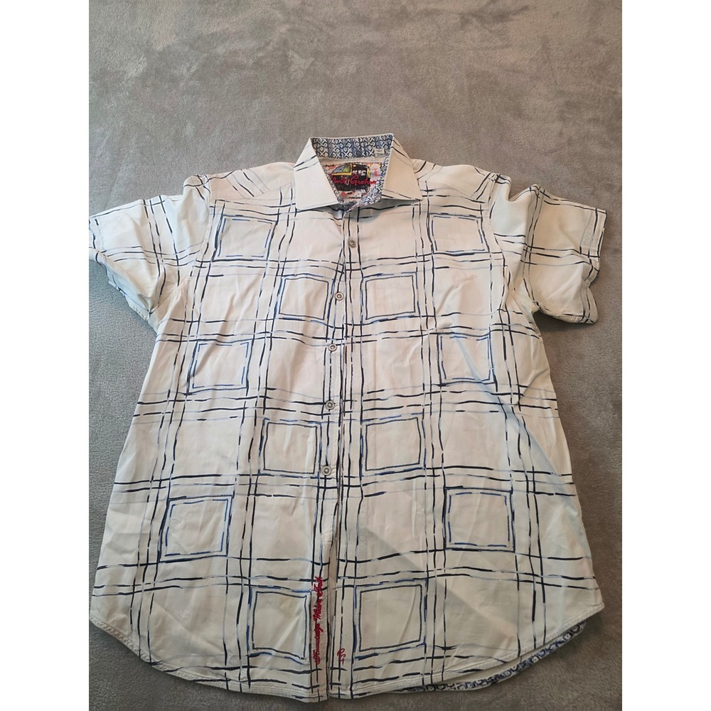 Robert Graham Button Down Shirt Mens Large White Blue Grid Short Sleeve Classic